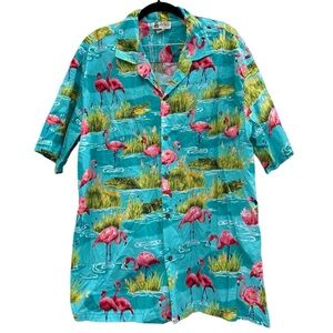 Aloha Republic Men's Turquoise Flamingo Alligator Hawaiian Print Shirt Size XL